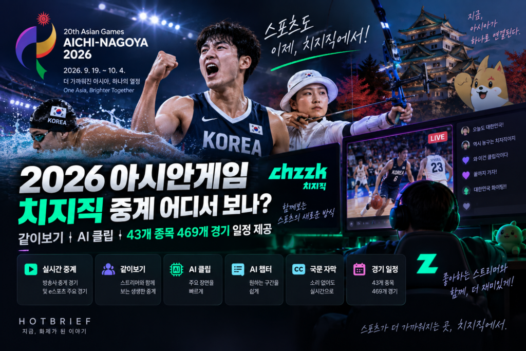 2026 아이치·나고야 아시안게임 치지직 중계와 같이보기, AI 클립, 43개 종목 469개 경기 일정을 소개하는 대표이미지