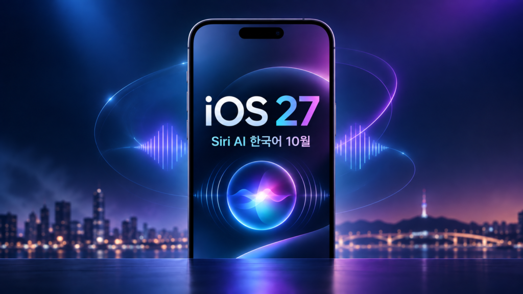 iOS 27과 Siri AI를 상징하는 스마트폰과 인공지능 빛 효과가 표현된 이미지
