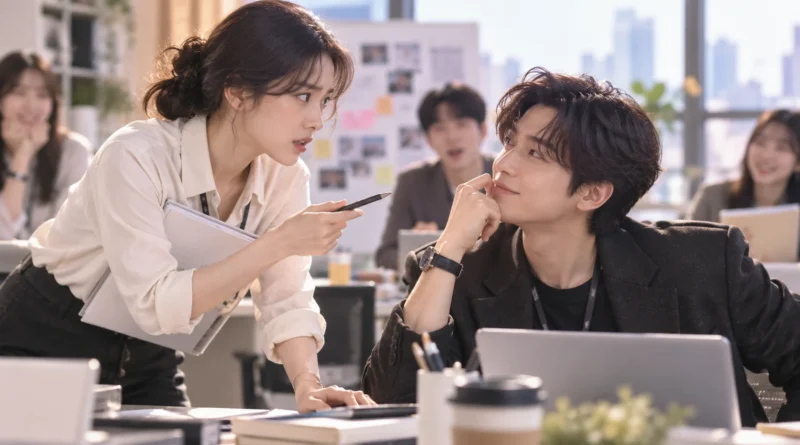 현대적인 사무실에서 서로 다른 가치관으로 티격태격하는 여성 마케터와 남성 스타트업 대표를 표현한 로맨틱 코미디 콘셉트 이미지