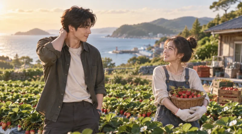 바다가 보이는 섬의 딸기밭에서 마주 선 남녀를 표현한 메리 베리 러브 콘셉트 이미지