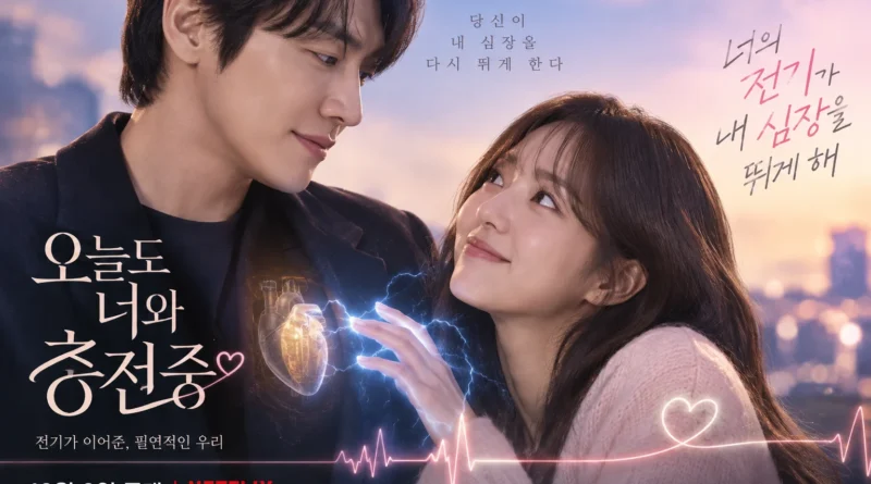 인공 심장을 가진 남성과 손끝에 전기 스파크가 흐르는 여성이 서로 손을 내미는 로맨틱 코미디 콘셉트 이미지