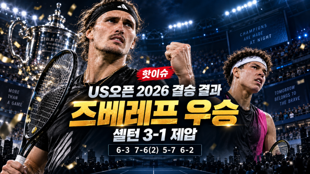 2026 US오픈 남자 단식 결승에서 알렉산더 즈베레프가 벤 셸턴을 3-1로 꺾고 우승한 결과를 담은 대표이미지