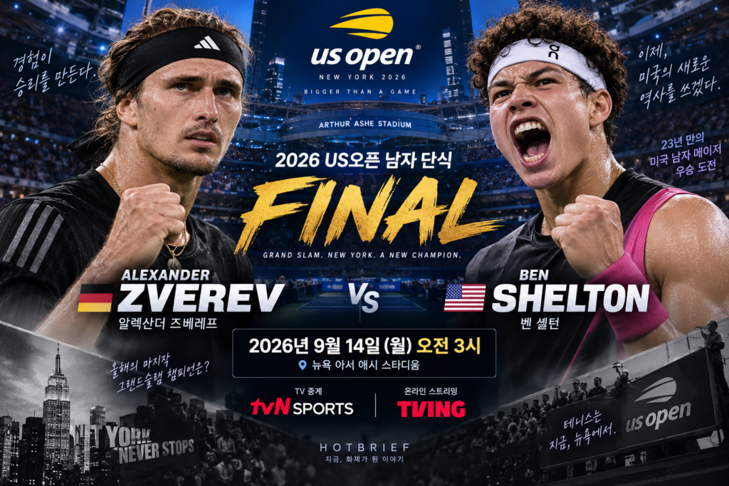 2026 US오픈 남자 단식 결승 즈베레프와 벤 셸턴의 경기 시간과 tvN SPORTS·TVING 중계 정보를 담은 대표이미지