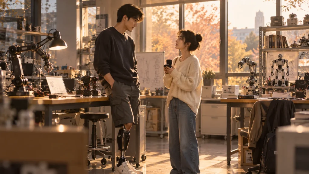 가을빛 대학 로봇 연구실에서 의족을 사용하는 남자 대학원생과 여자 대학원생이 소형 로봇 팔 사이로 서로를 바라보는 장면
