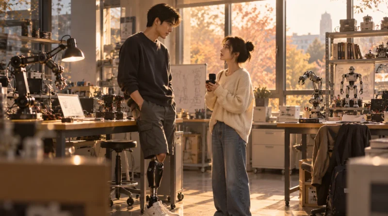 가을빛 대학 로봇 연구실에서 의족을 사용하는 남자 대학원생과 여자 대학원생이 소형 로봇 팔 사이로 서로를 바라보는 장면