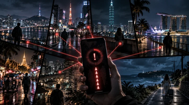 아시아 여러 도시의 야경이 갈라진 화면 속에서 휴대전화와 붉은 카운트다운 불빛을 중심으로 펼쳐지는 글로벌 납치 게임 분위기의 장면