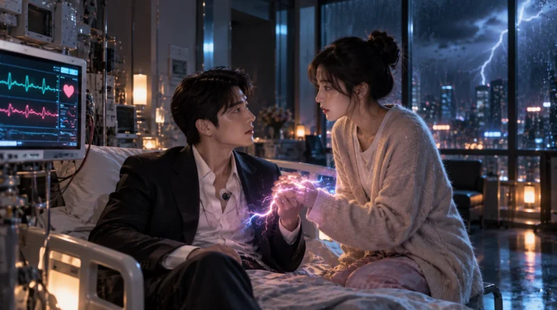 정전된 병원에서 인공 심장 모니터를 단 남성과 손끝에 전기가 흐르는 여성이 손을 맞잡는 로맨틱 코미디 장면